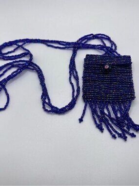 Vintage Purple Color Beaded Amulet Pouch Necklace with Rose Glass Bead
